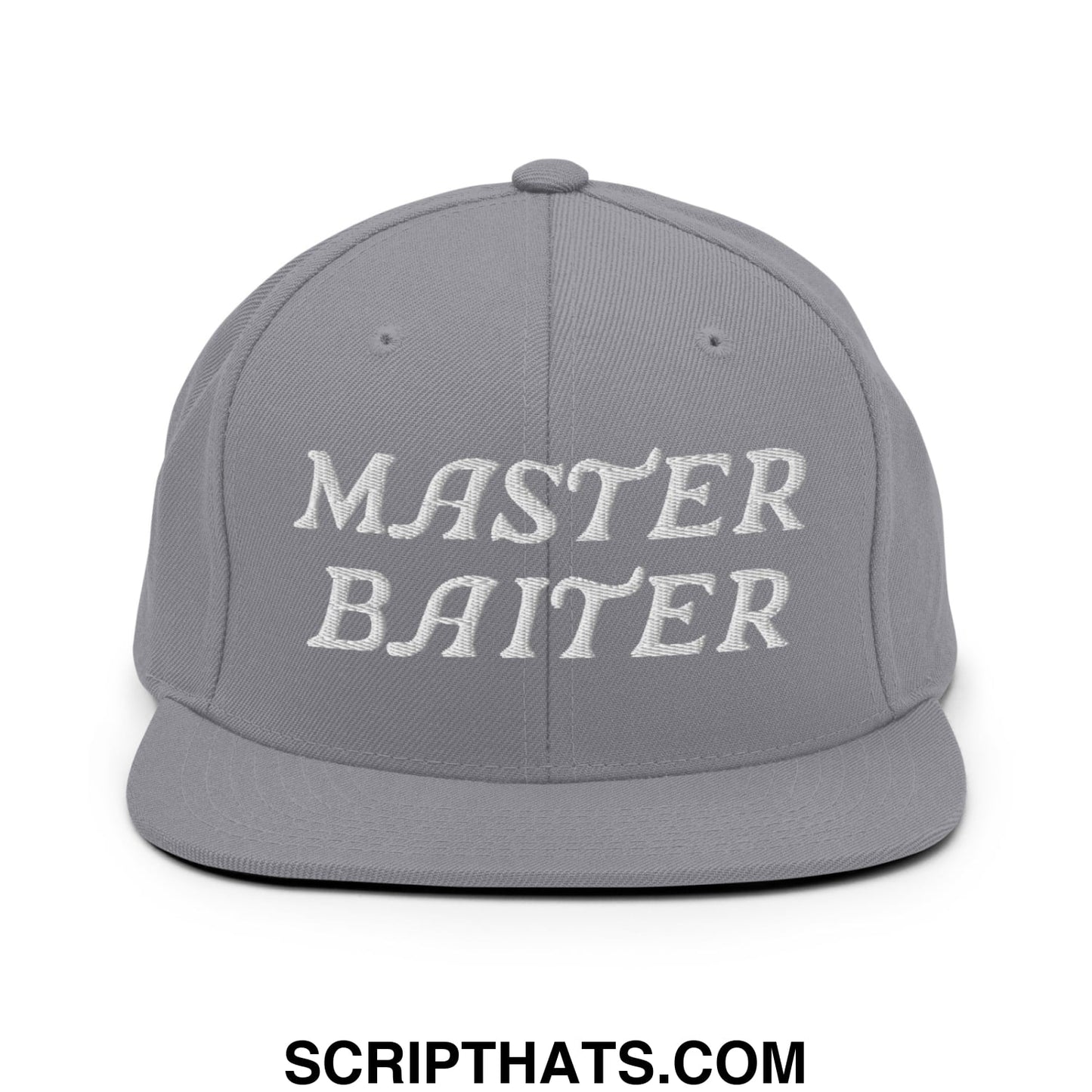 Gray snapback hat with white embroidered master baiter text and flat bill brim for casual wear