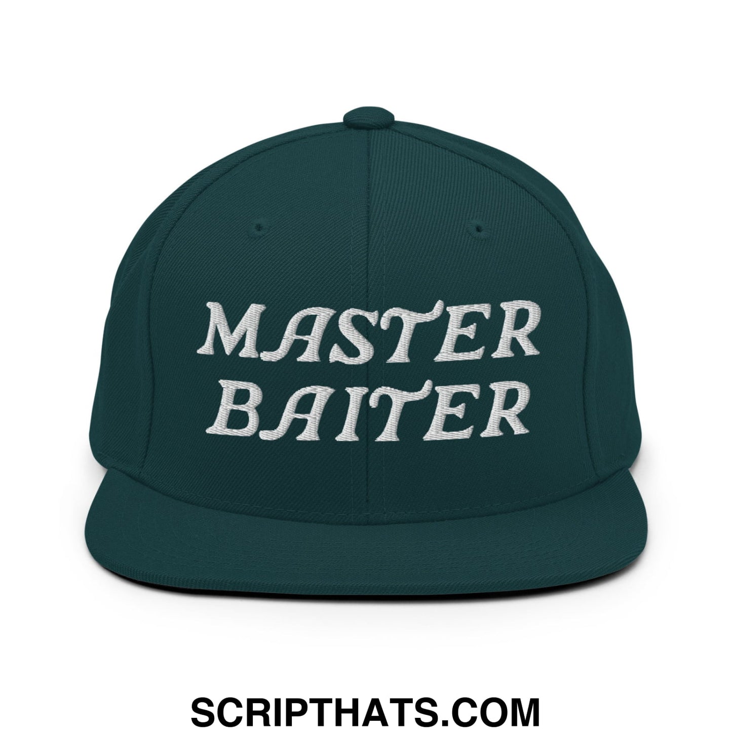 Dark green snapback cap with white embroidered master baiter text and a flat bill brim for casual wear