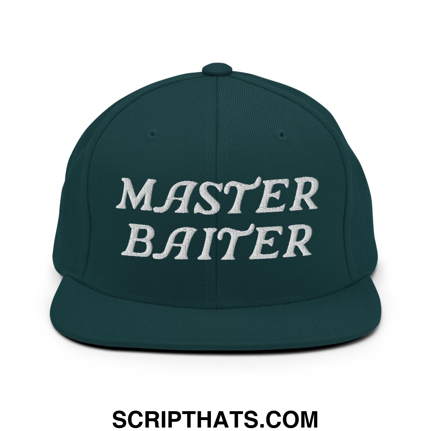 Dark green snapback cap with white embroidered master baiter text and a flat bill brim for casual wear