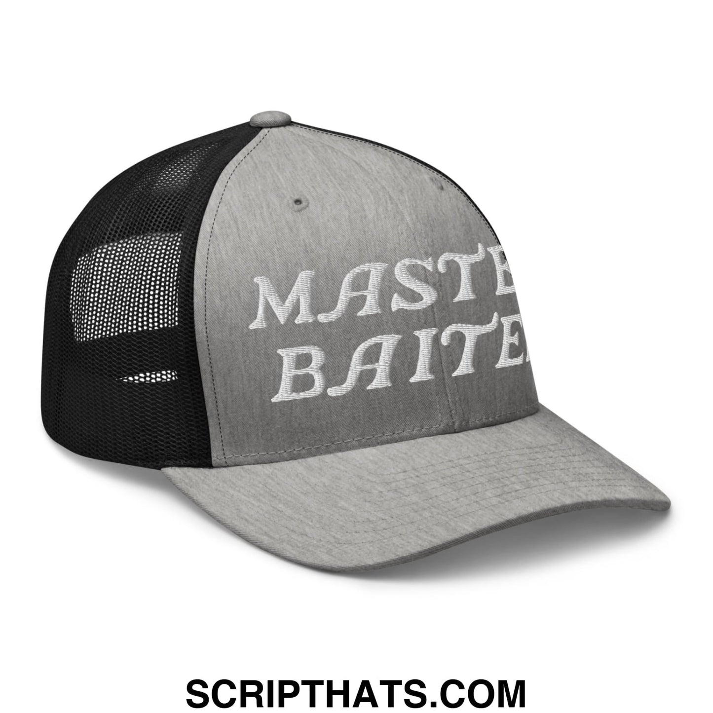Gray and black mesh trucker hat with white embroidered master baiter text on front panel