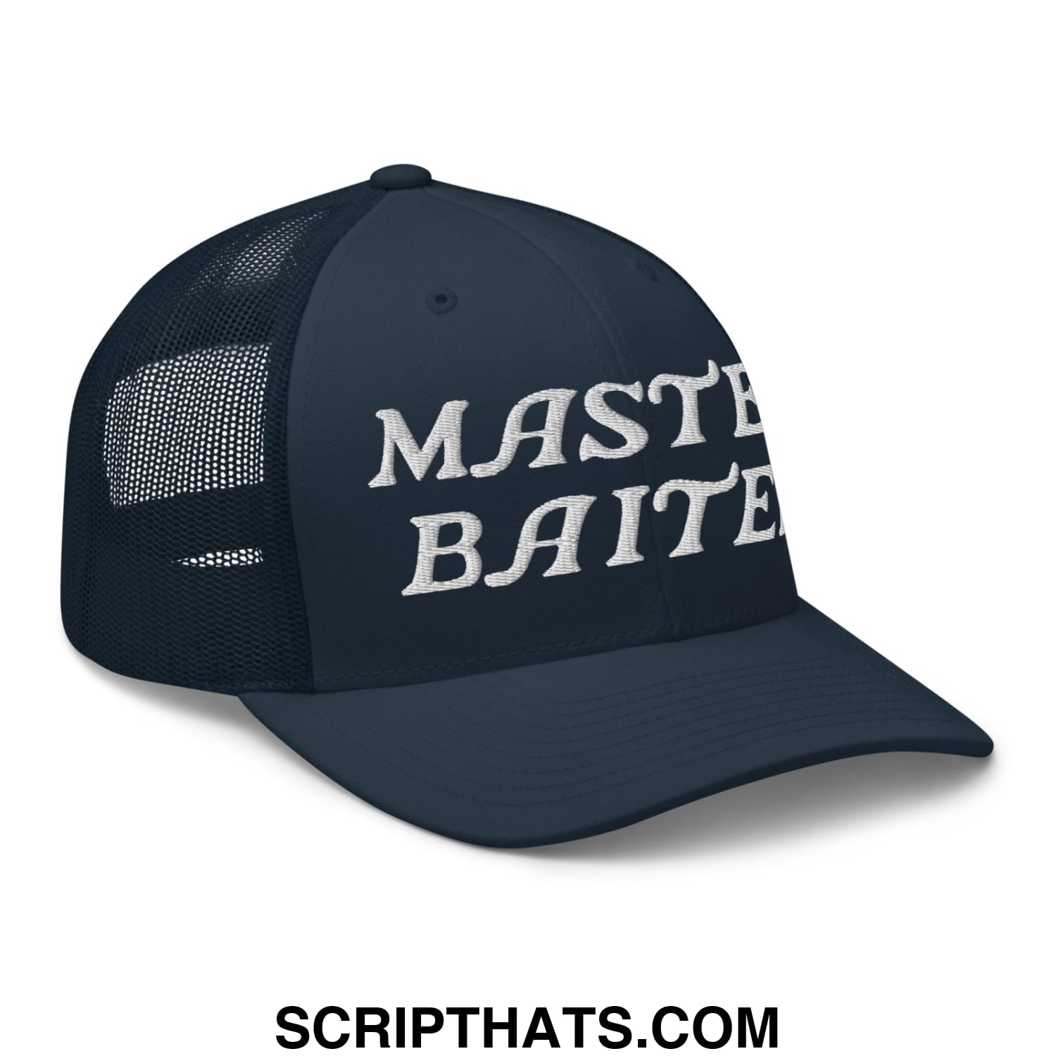 Dark navy blue mesh trucker hat with white embroidered master baiter text on front panels