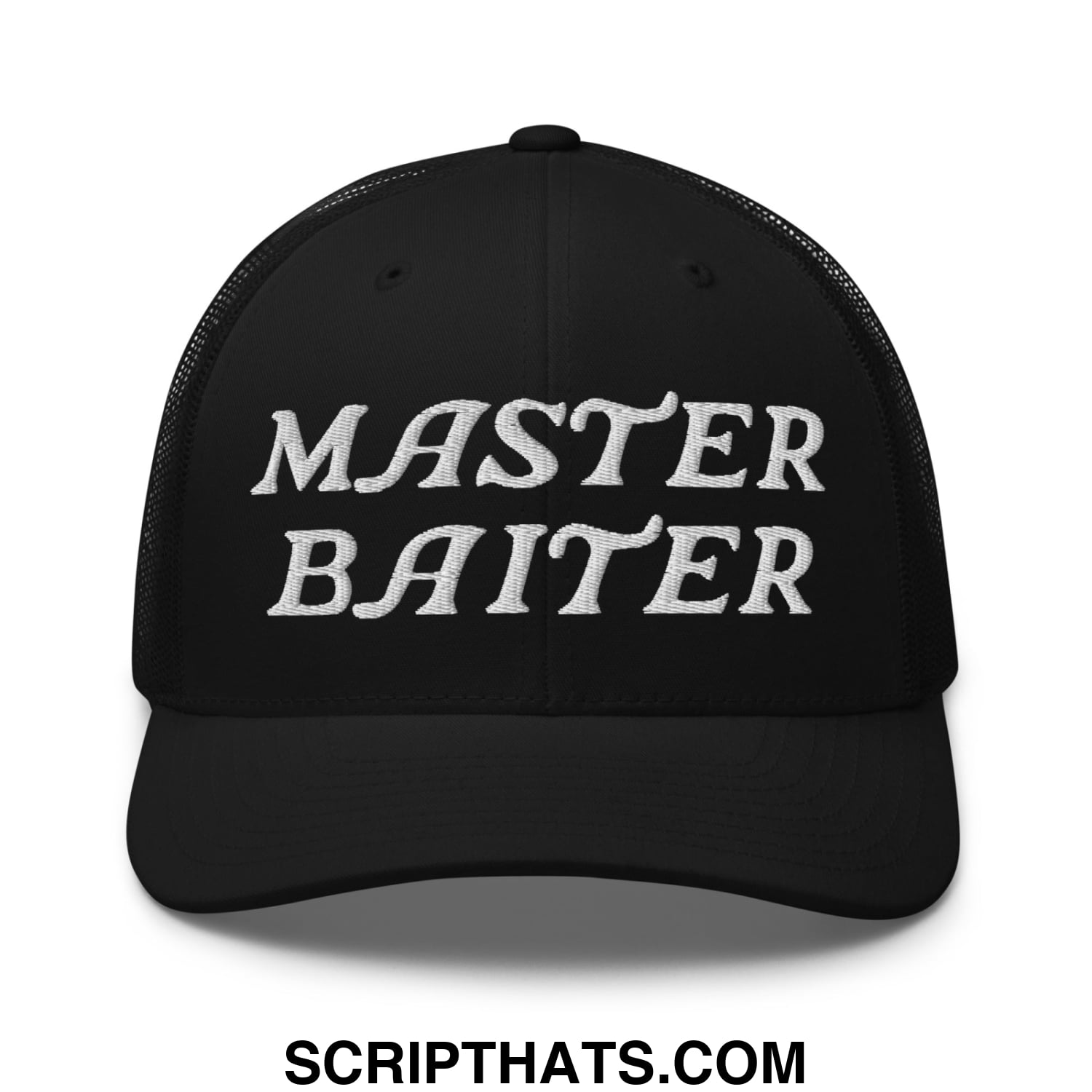 Black mesh trucker hat with white embroidered master baiter text across the front panel