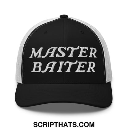 Black and white mesh trucker hat with master baiter embroidered in bold stitched lettering across the front panel