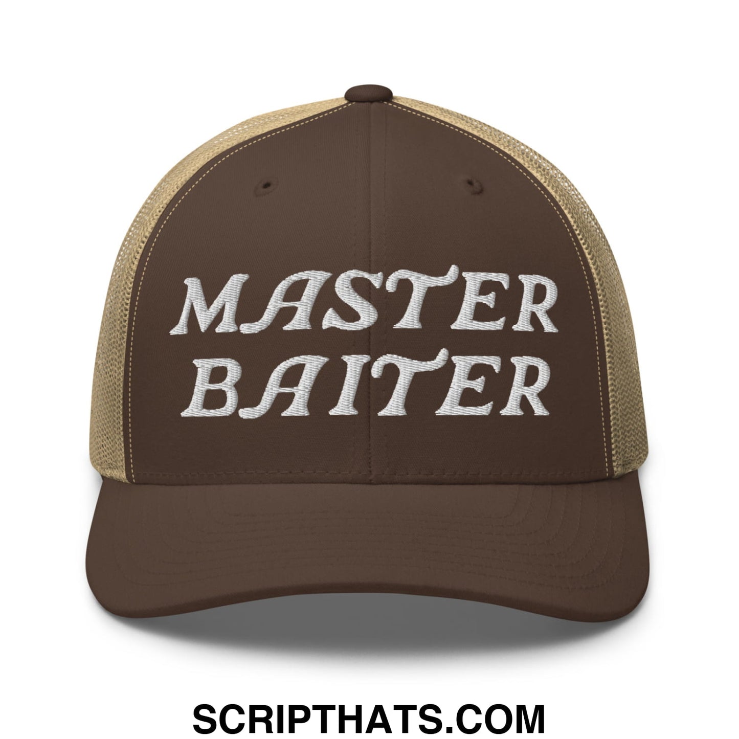 Brown and tan mesh trucker hat with master baiter embroidered in white thread across the front