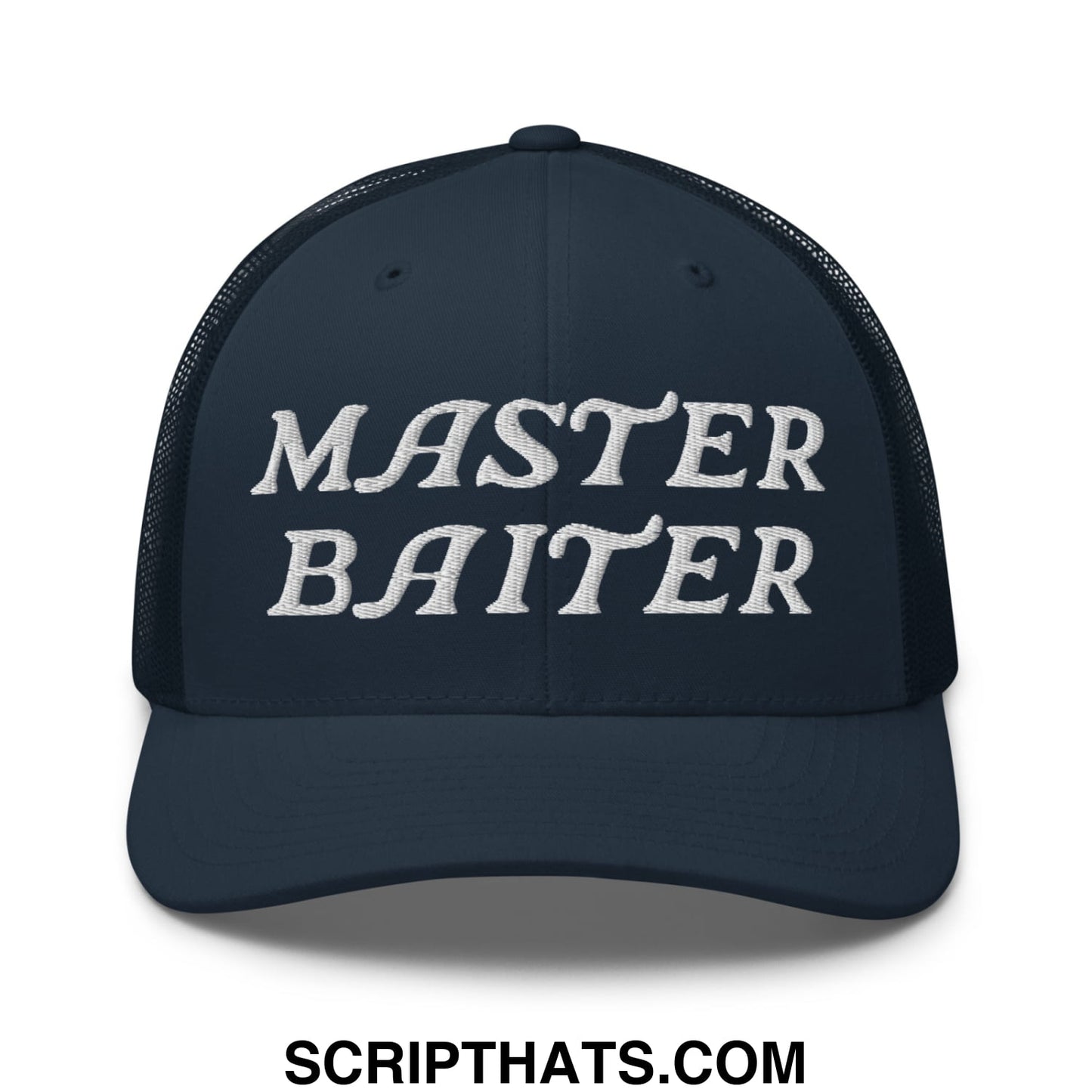 Dark navy blue mesh trucker hat with white embroidered master baiter text on front panel