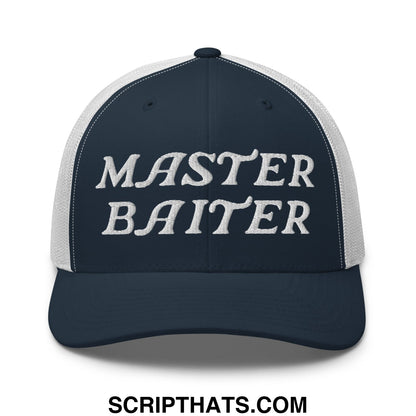 Navy blue and white mesh trucker hat with master baiter embroidered in bold stitched lettering on front panel