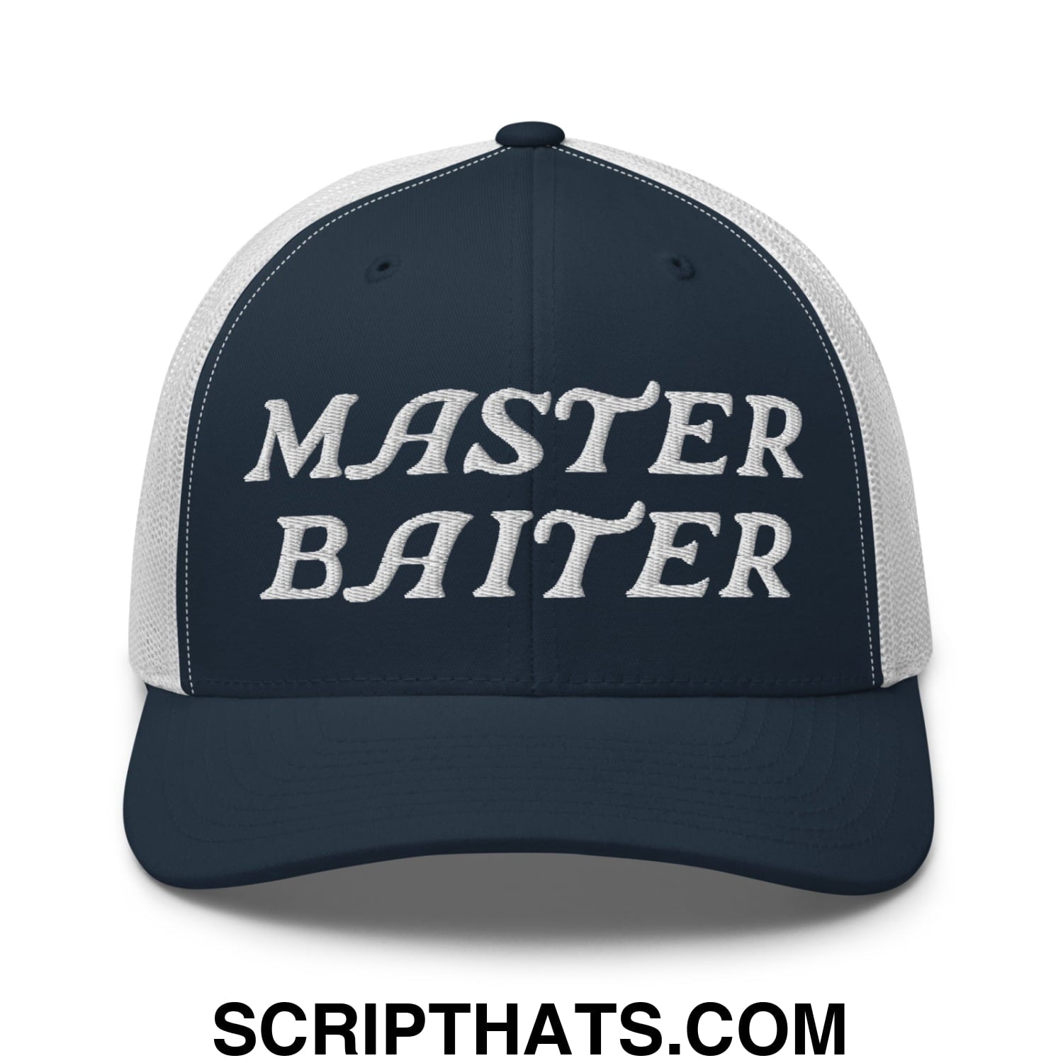 Master Baiter Embroidered Mesh Trucker Hat Navy White