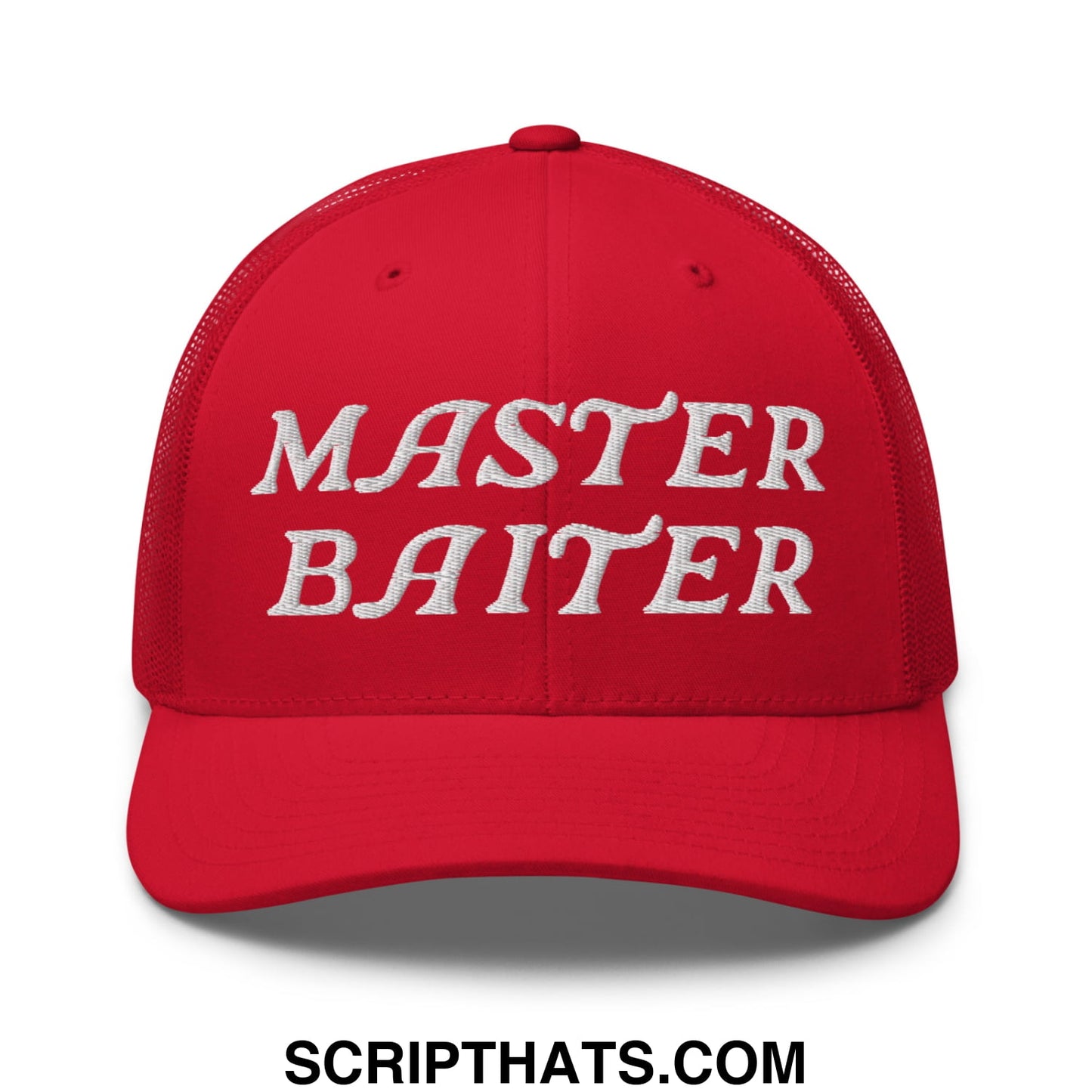 Red mesh trucker hat with white embroidered master baiter text on the front panel