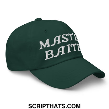 Dark green unstructured dad hat featuring white embroidered master baiter text in classic script font