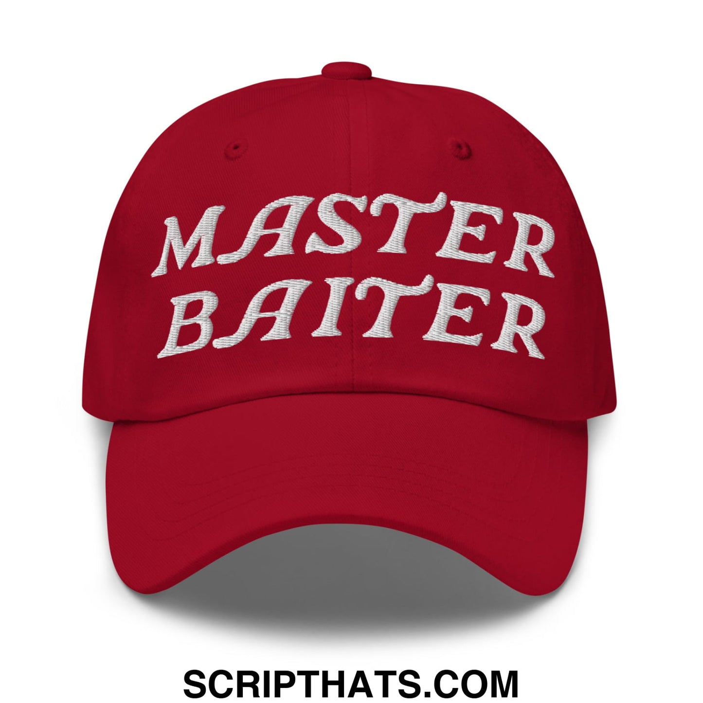 Red unstructured dad hat with white embroidered master baiter text, cotton blend for casual wear