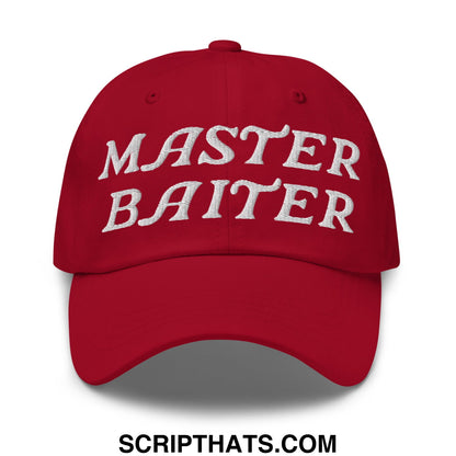 Red unstructured dad hat with white embroidered master baiter text, cotton blend for casual wear