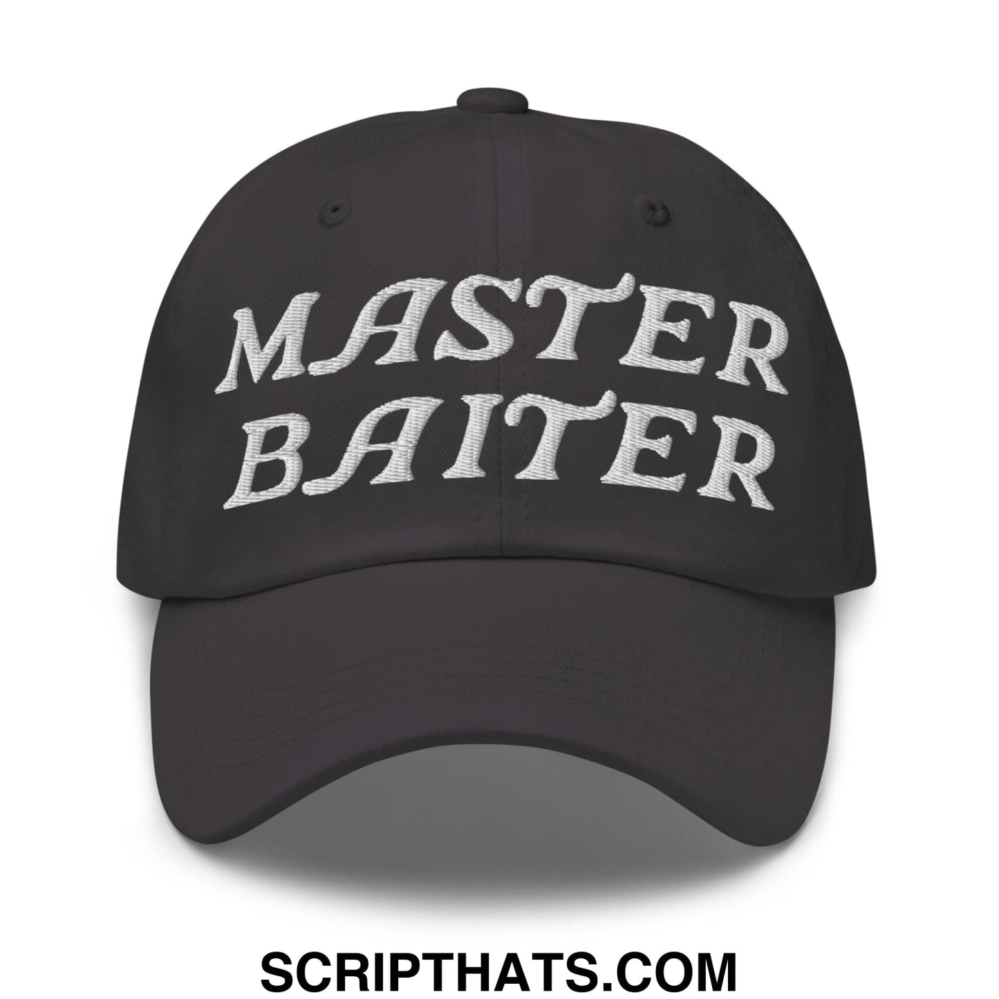 Black unstructured dad hat with white embroidered master baiter text for casual outdoor use
