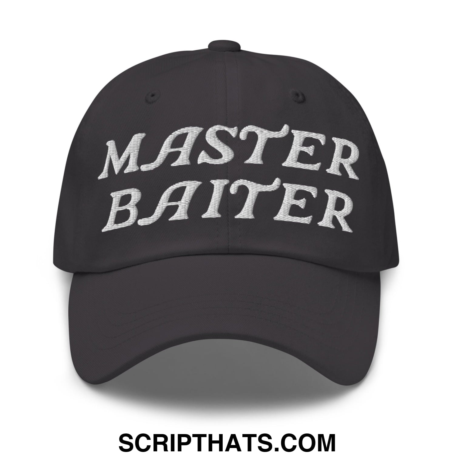 Black unstructured dad hat with white embroidered master baiter text for casual outdoor use