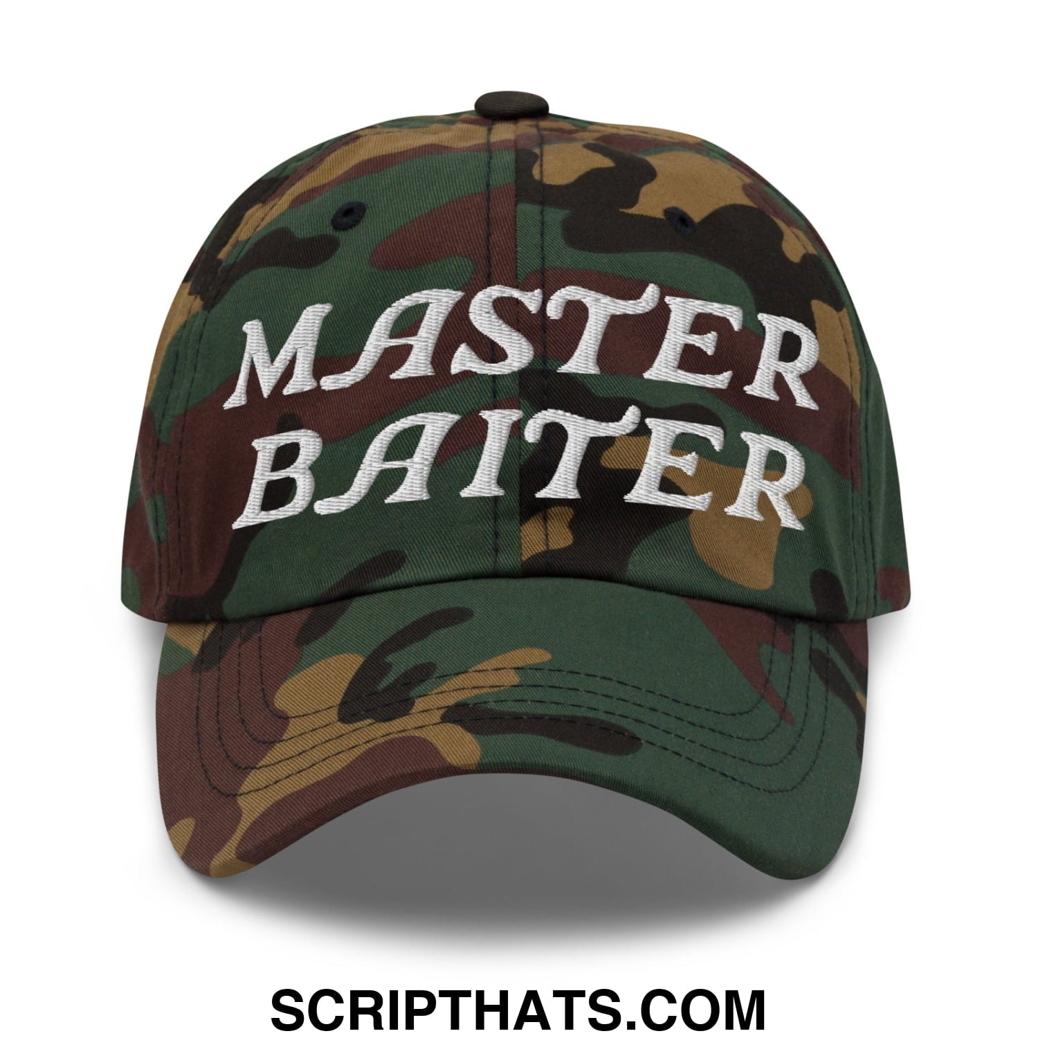 A camouflage unstructured dad hat with master baiter embroidered in white thread on the front