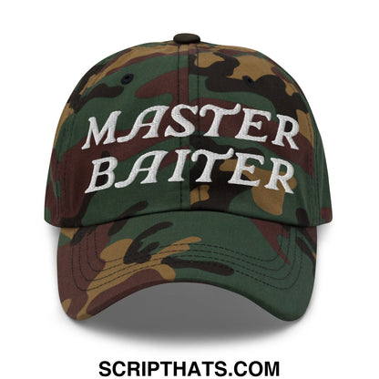 A camouflage unstructured dad hat with master baiter embroidered in white thread on the front