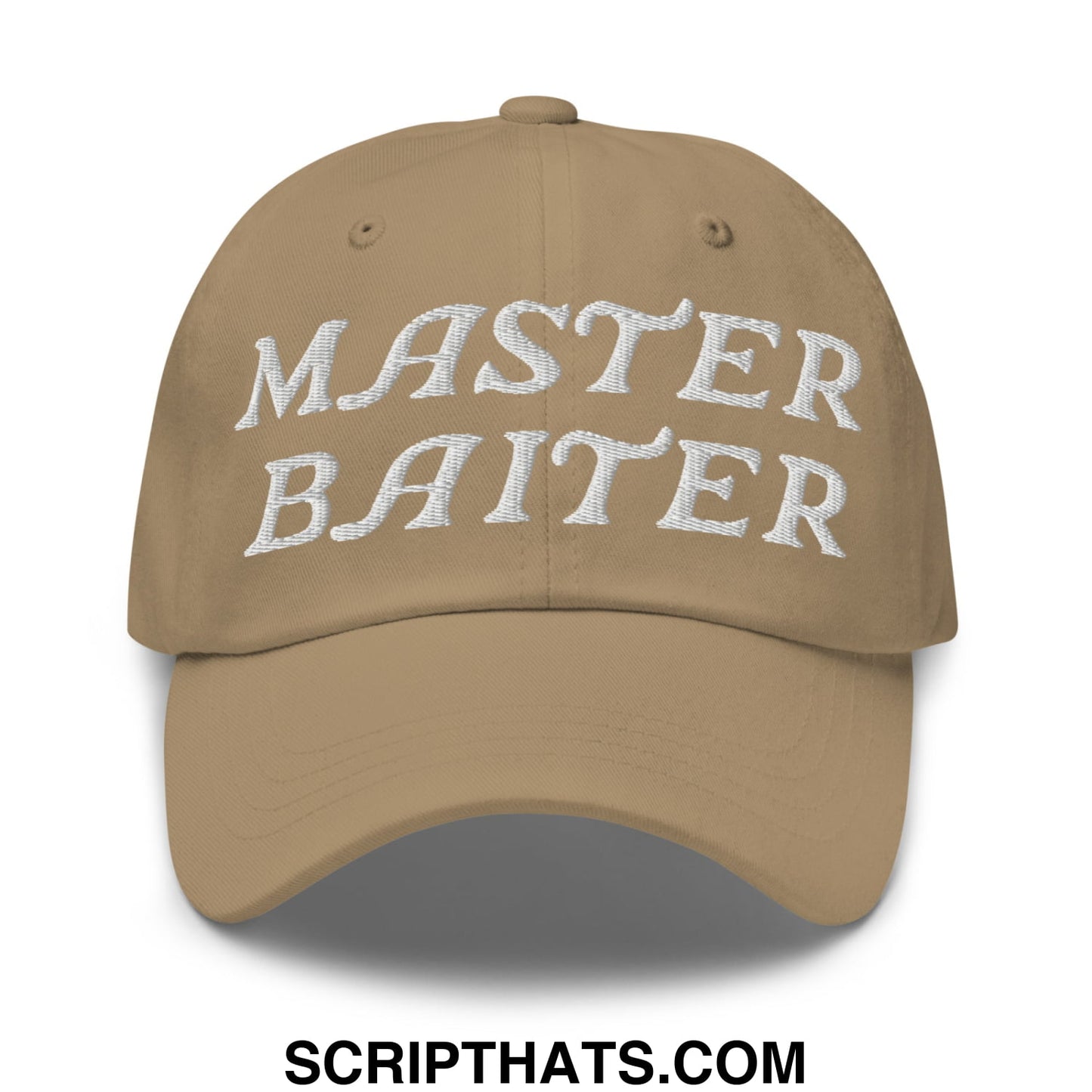 A beige unstructured dad hat featuring master baiter embroidered in white thread across the front