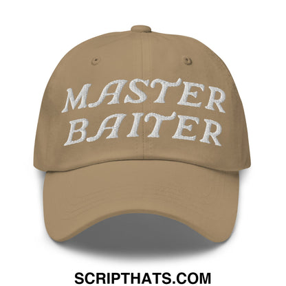 A beige unstructured dad hat featuring master baiter embroidered in white thread across the front
