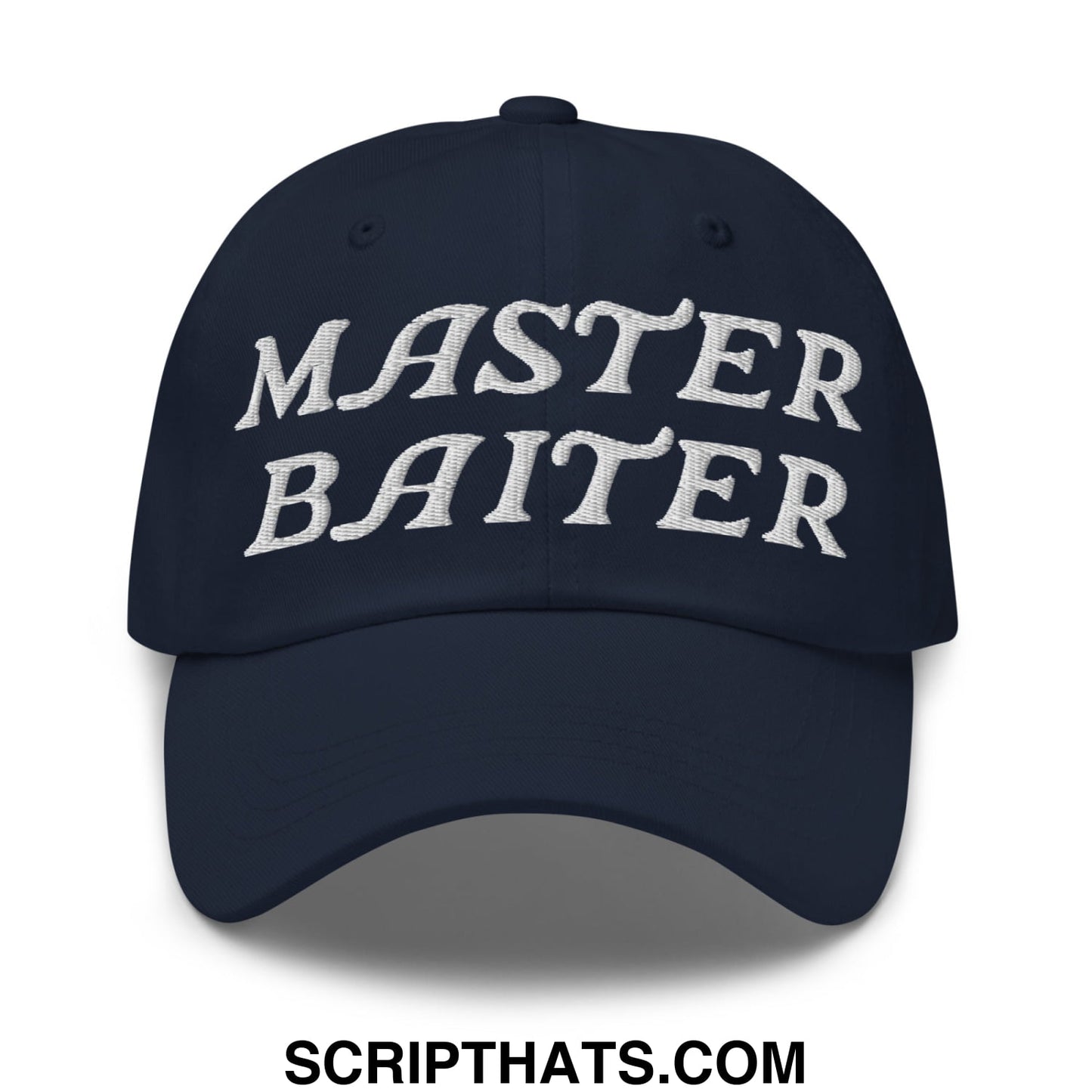 Navy blue unstructured dad hat with white embroidered master baiter text perfect for casual wear