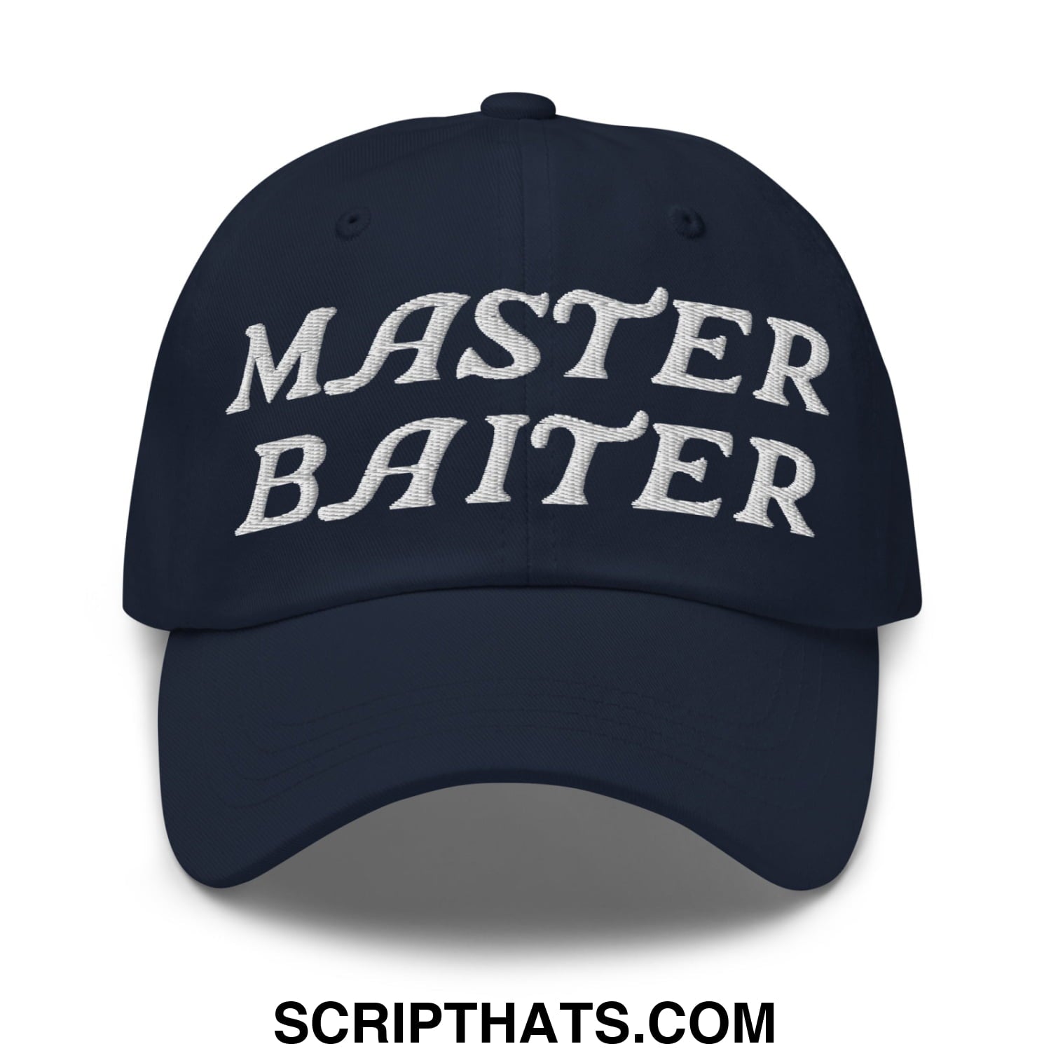 Navy blue unstructured dad hat with white embroidered master baiter text perfect for casual wear
