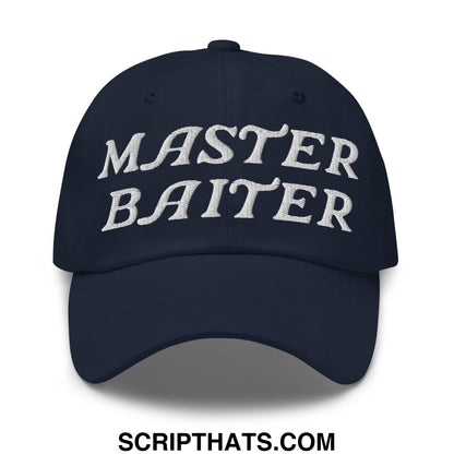Navy blue unstructured dad hat with white embroidered master baiter text perfect for casual wear