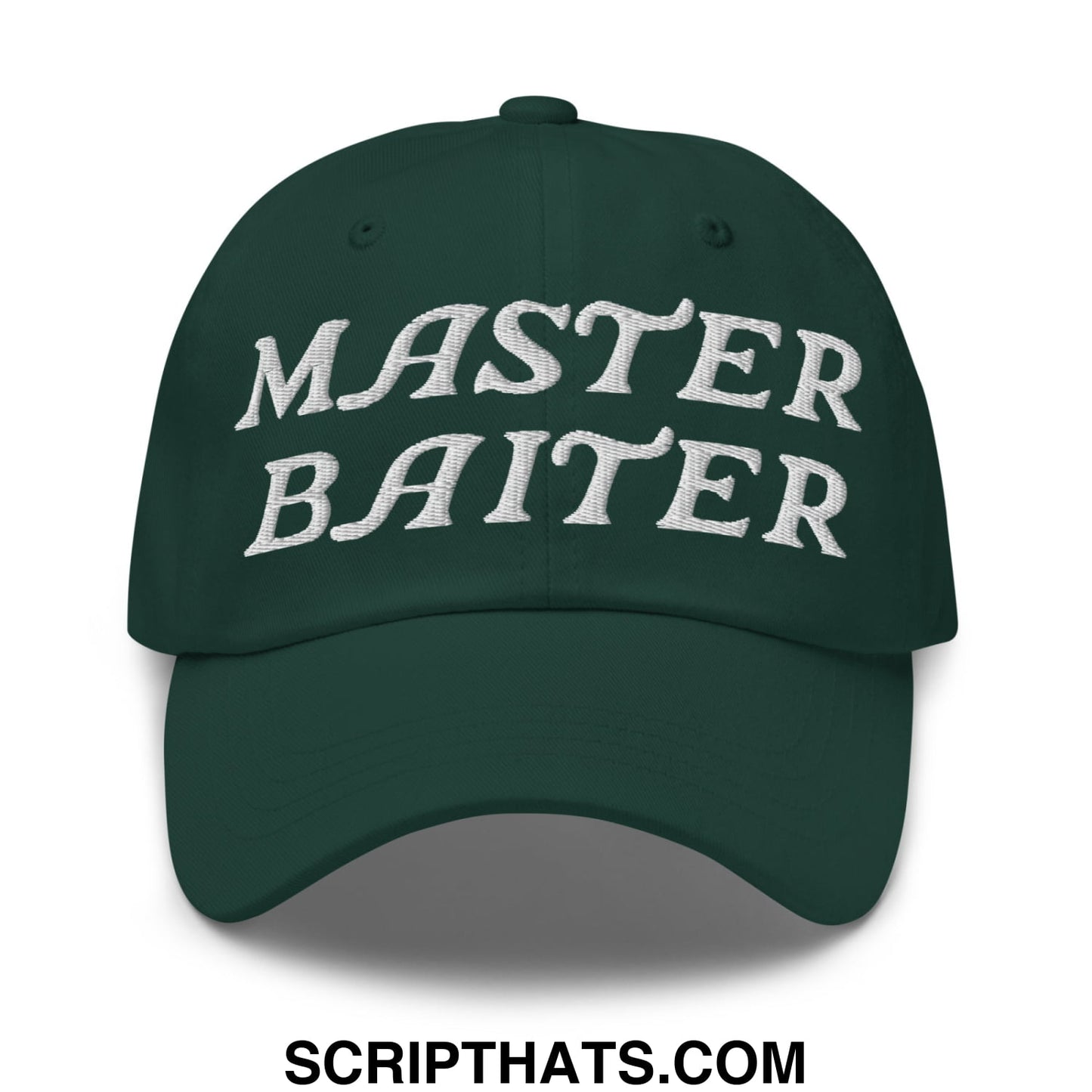 Dark green unstructured dad hat with white embroidered master baiter text perfect for casual wear