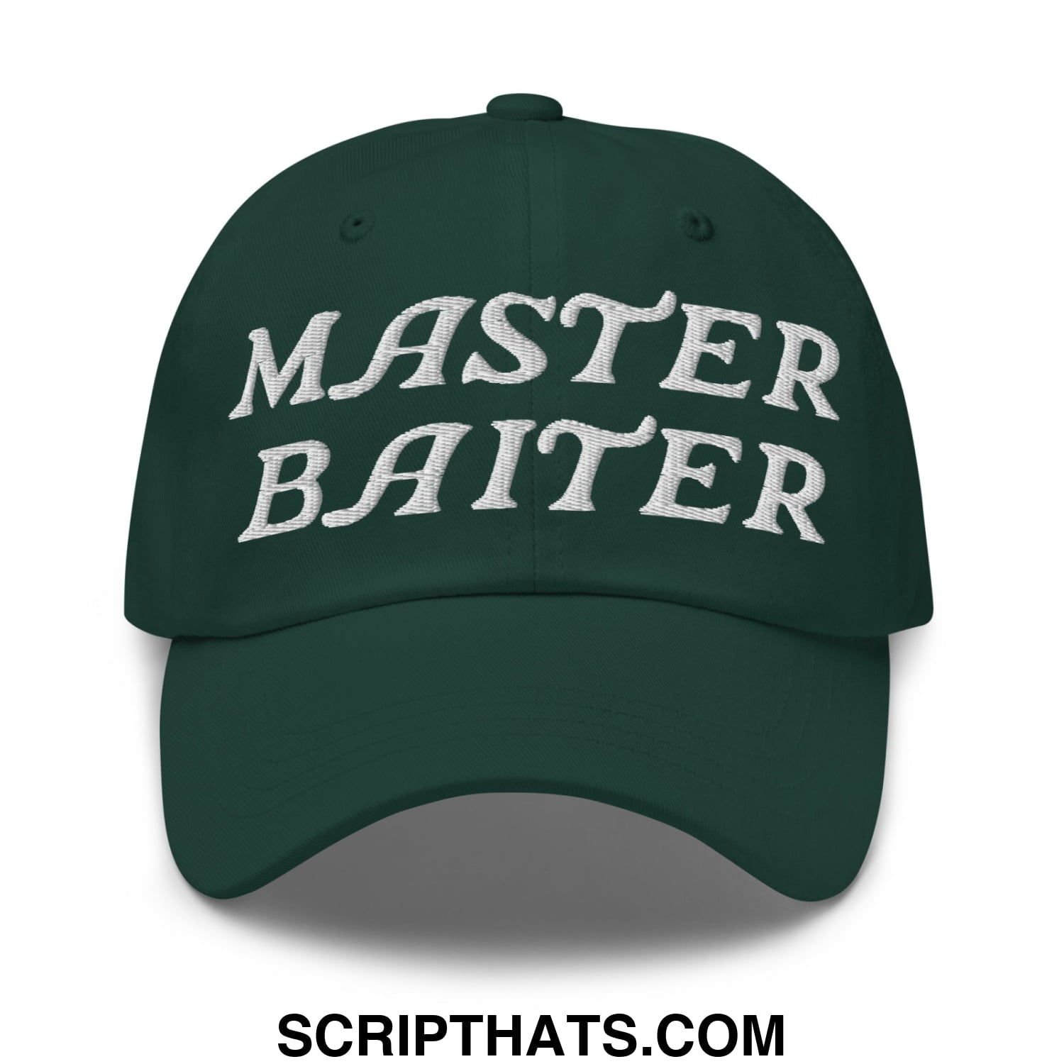Dark green unstructured dad hat with white embroidered master baiter text perfect for casual wear