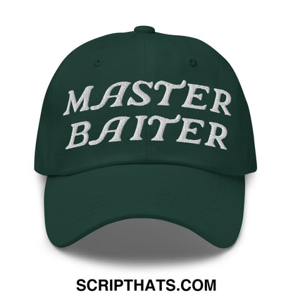 Dark green unstructured dad hat with white embroidered master baiter text perfect for casual wear