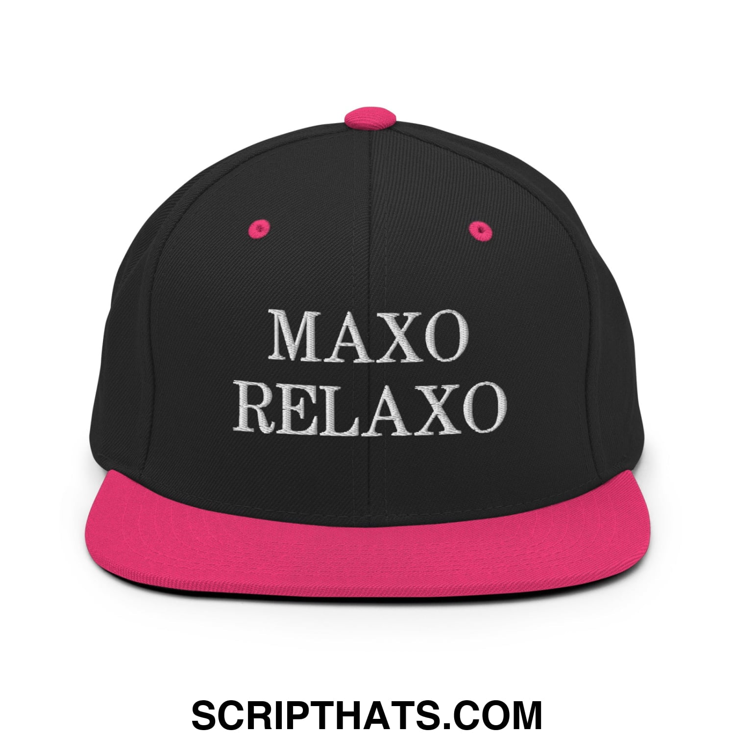 Black snapback hat with pink flat bill brim and pink button featuring white embroidered maxo relaxo text