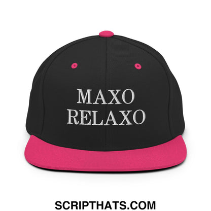 Black snapback hat with pink flat bill brim and pink button featuring white embroidered maxo relaxo text
