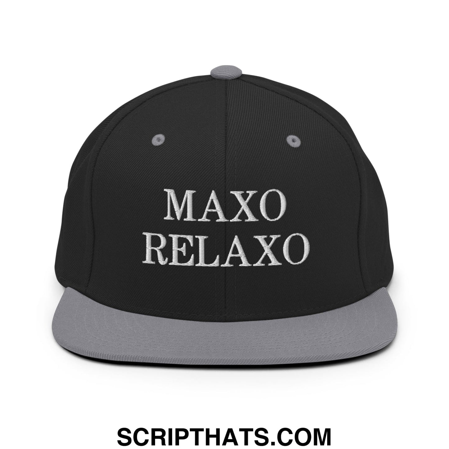 Black snapback cap with gray flat bill brim and white embroidered maxo relaxo text on the front panel