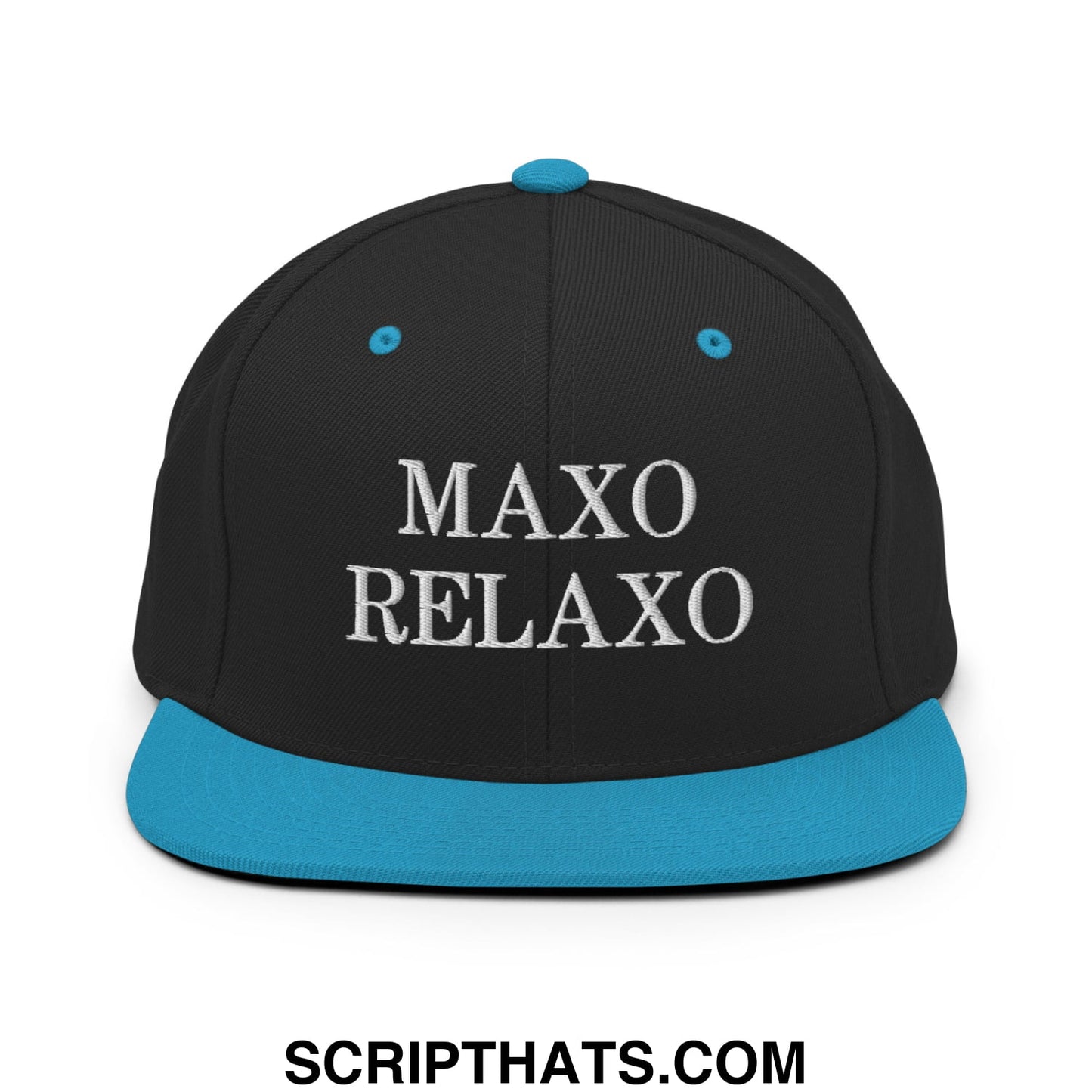 Black snapback hat with teal flat bill brim and button featuring white embroidered maxo relaxo logo on front