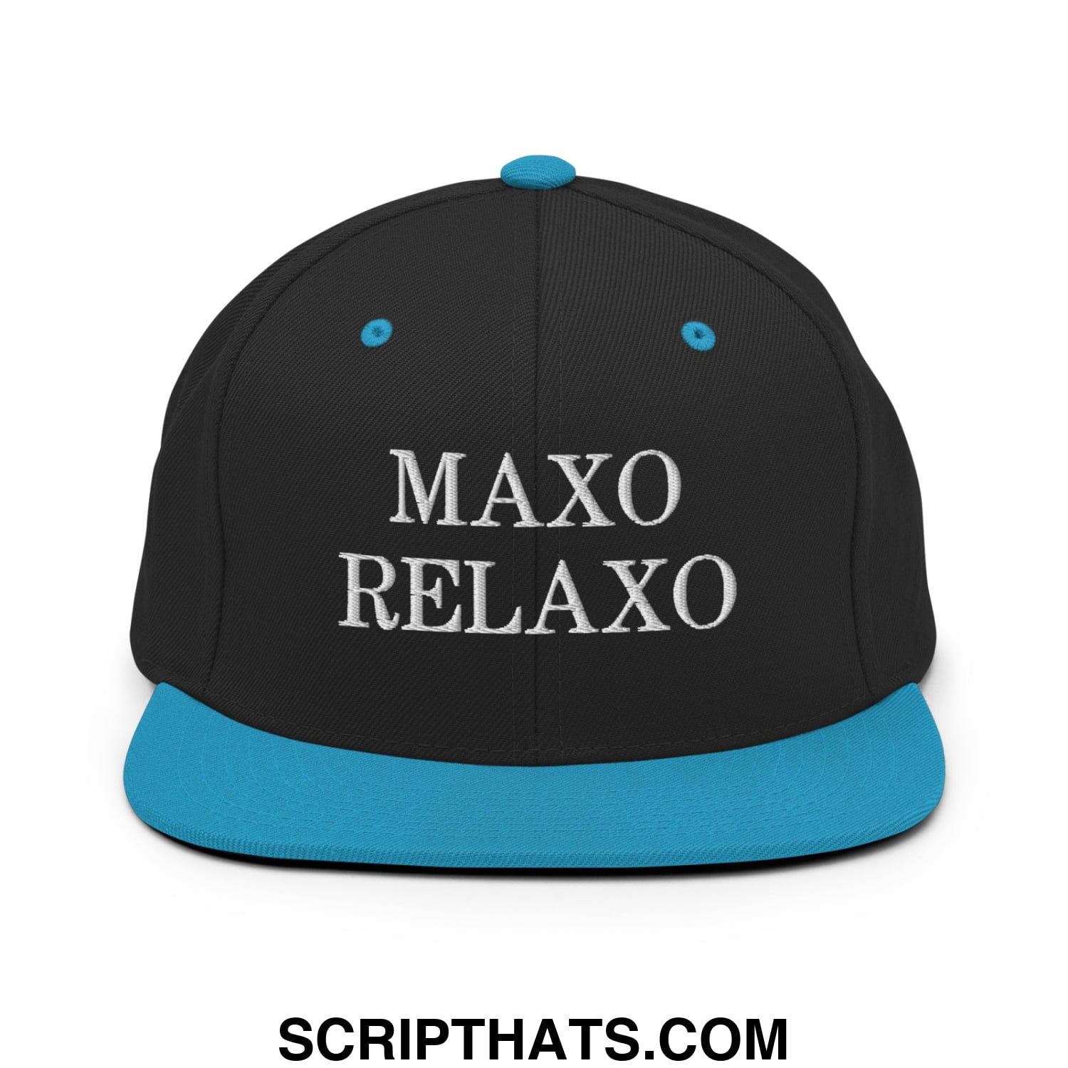 Black snapback hat with teal flat bill brim and button featuring white embroidered maxo relaxo logo on front