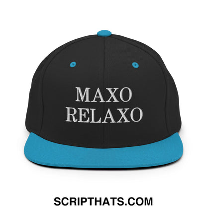 Black snapback hat with teal flat bill brim and button featuring white embroidered maxo relaxo logo on front