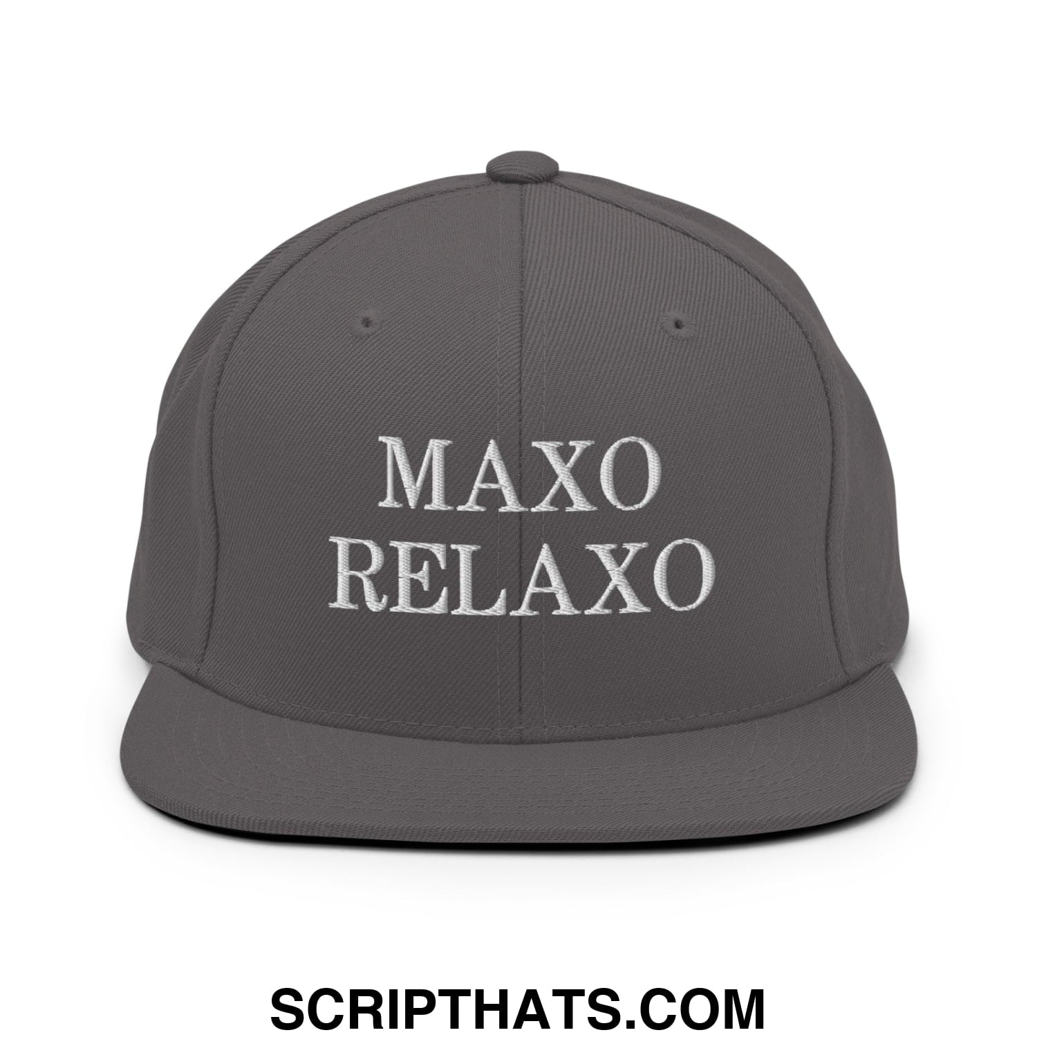 Gray snapback hat with white embroidered maxo relaxo text featuring a flat bill brim and adjustable back closure