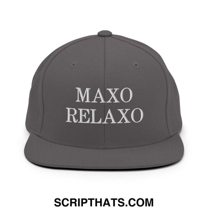 Gray snapback hat with white embroidered maxo relaxo text featuring a flat bill brim and adjustable back closure