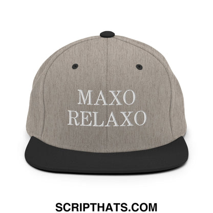 Gray and black snapback hat with maxo relaxo embroidered in white thread featuring a flat bill brim design