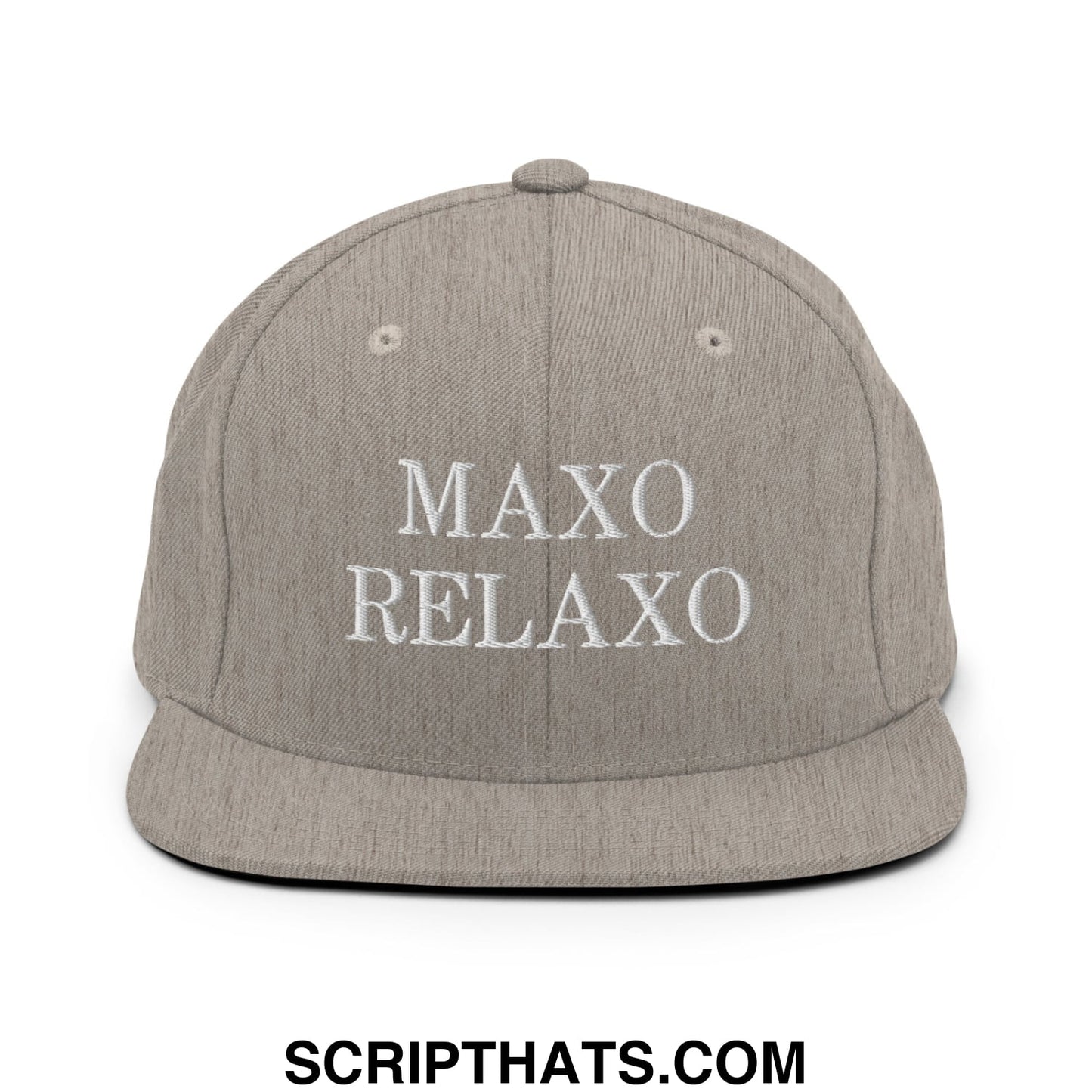 Gray heather snapback cap with white embroidered maxo relaxo text featuring a flat bill brim design