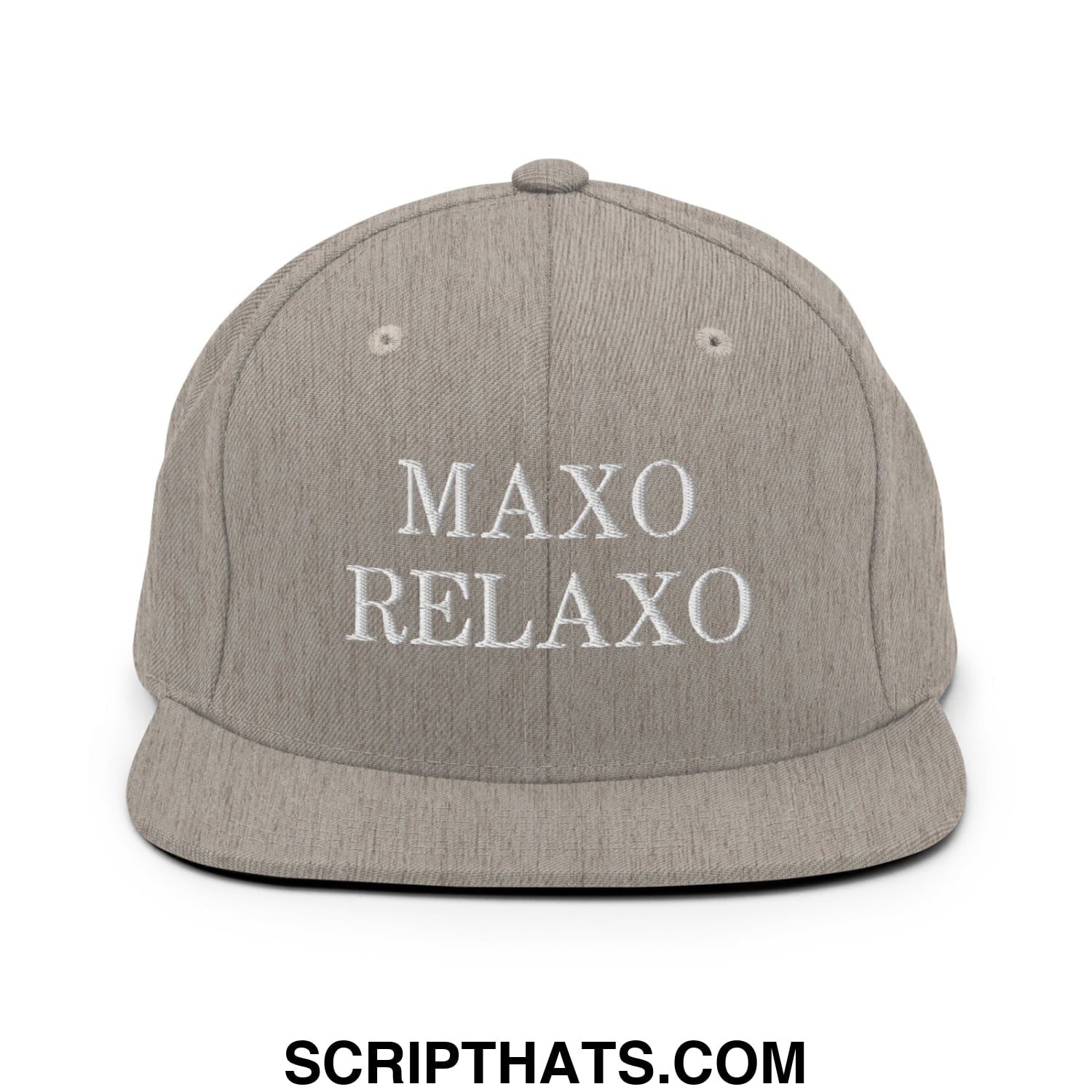 Gray heather snapback cap with white embroidered maxo relaxo text featuring a flat bill brim design