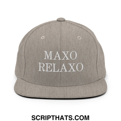 Gray heather snapback cap with white embroidered maxo relaxo text featuring a flat bill brim design