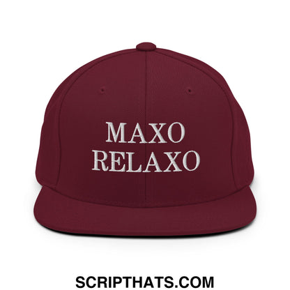 Maroon flat bill brim snapback hat with white embroidered maxo relaxo text perfect for casual wear