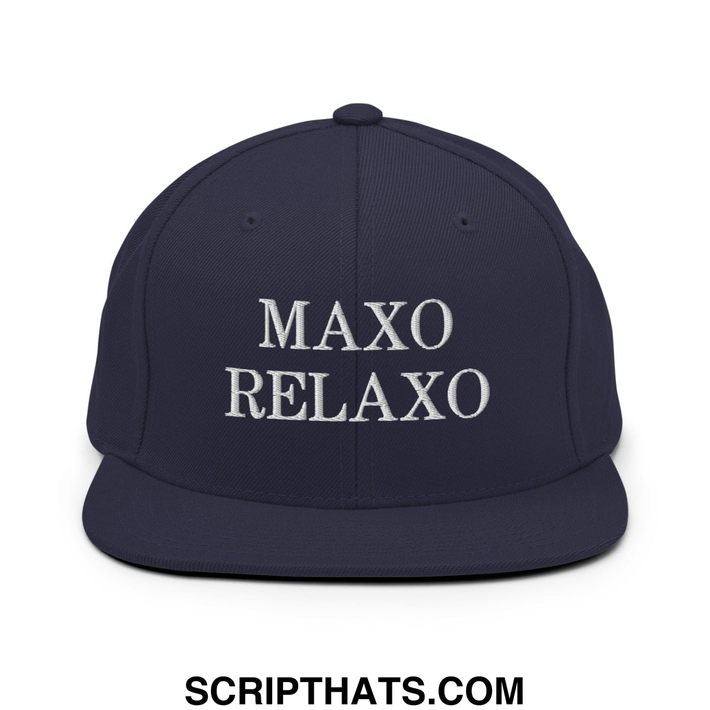 Navy blue snapback hat with white embroidered maxo relaxo text and flat bill brim for casual wear