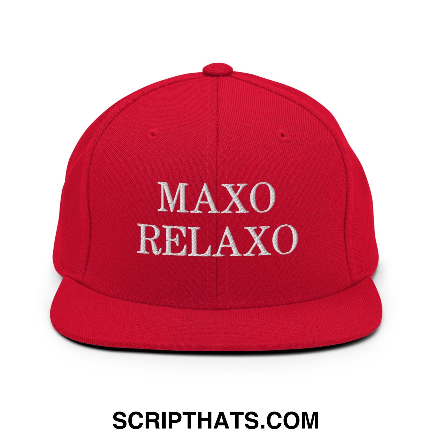 A vibrant red maxo relaxo embroidered flat bill brim snapback hat with white text on the front panel