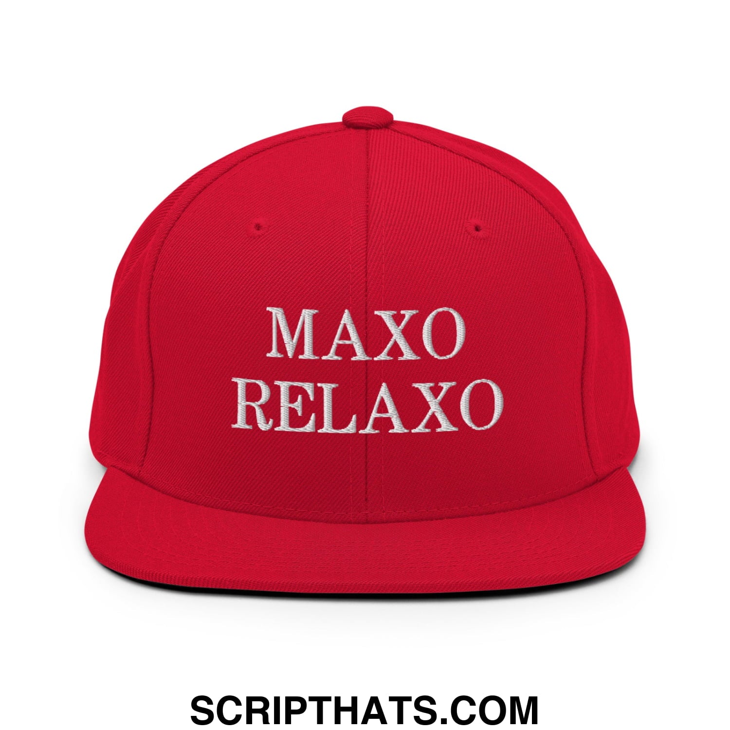 A vibrant red maxo relaxo embroidered flat bill brim snapback hat with white text on the front panel