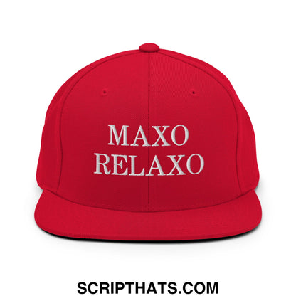 A vibrant red maxo relaxo embroidered flat bill brim snapback hat with white text on the front panel