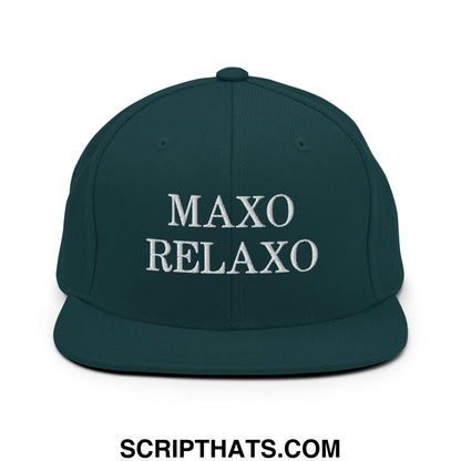 Dark green snapback hat with white embroidered maxo relaxo text and a flat bill brim for casual wear