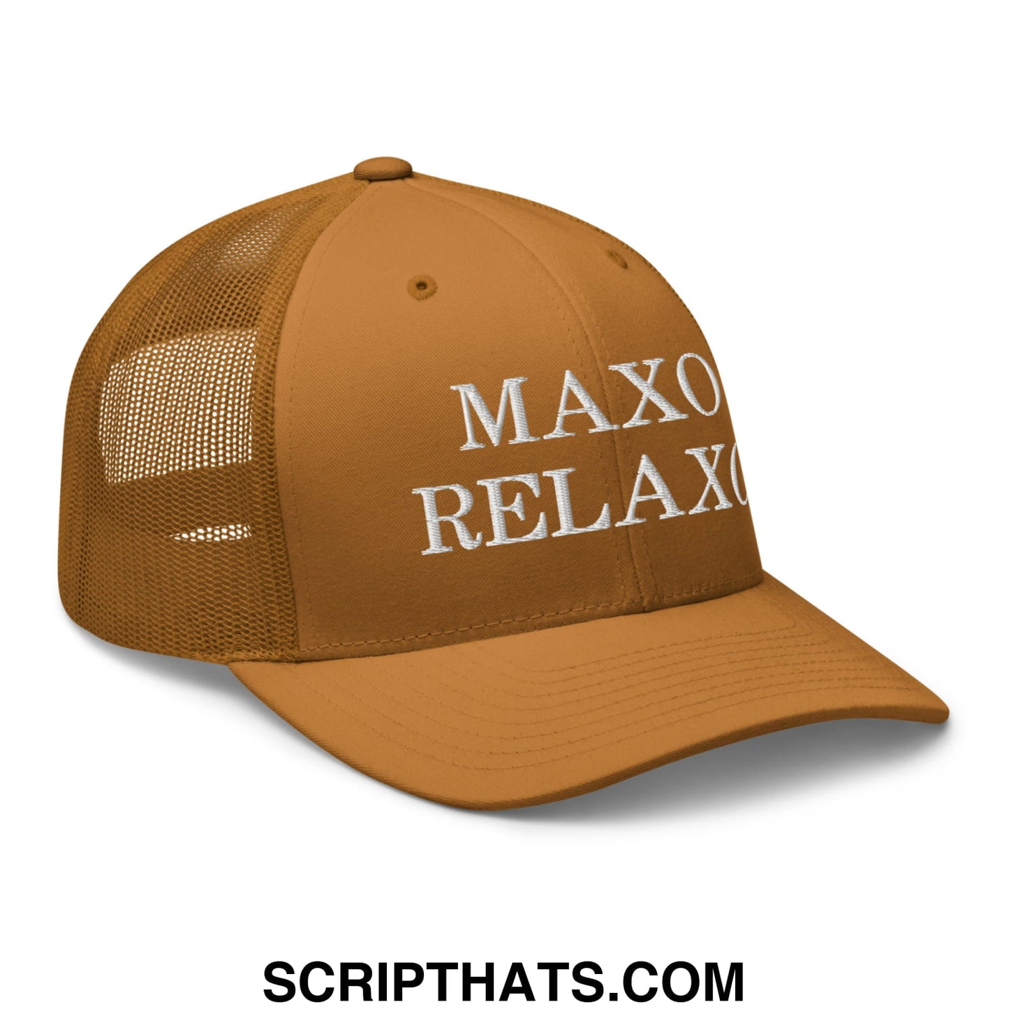 A tan mesh trucker hat with white embroidered maxo relax text on the front panel for casual wear