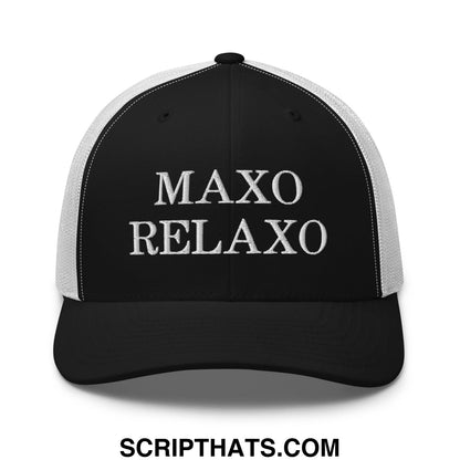 Black and white mesh trucker hat with maxo relaxo embroidered in silver thread on the front panel