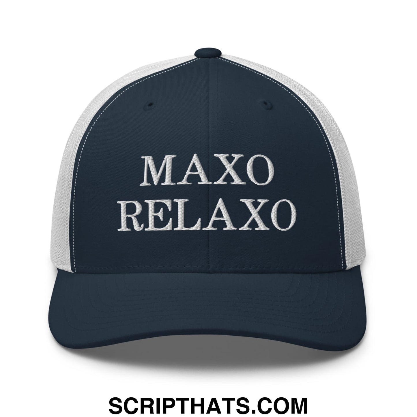 Navy blue and white mesh trucker hat with maxo relaxo embroidered in bold raised silver thread on the front