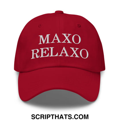Red unstructured dad hat with white embroidered maxo relaxo text perfect for casual wear