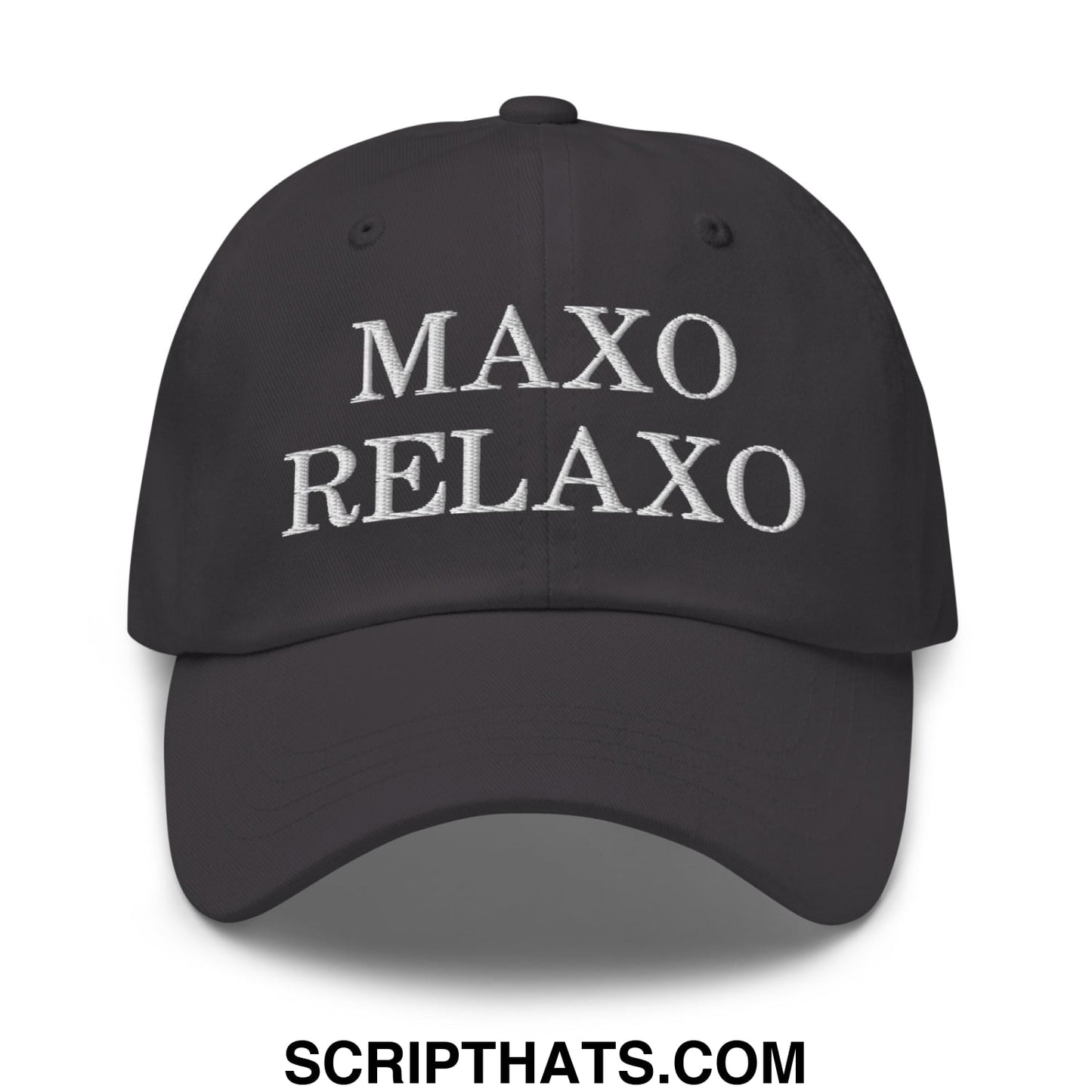 Black unstructured dad hat with white embroidered maxo relaxo text on the front panel